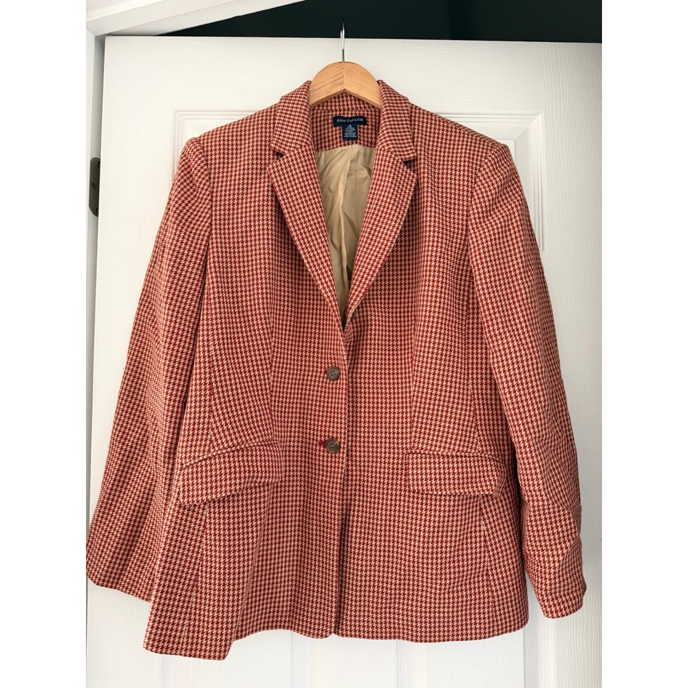 Vintage Ann Taylor Red and Beige Wool Blend Houndstooth Blazer Business Casual